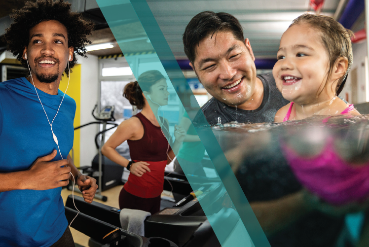 A collage image of a girl and her father swimming in the pool a man and woman running on treadmills.